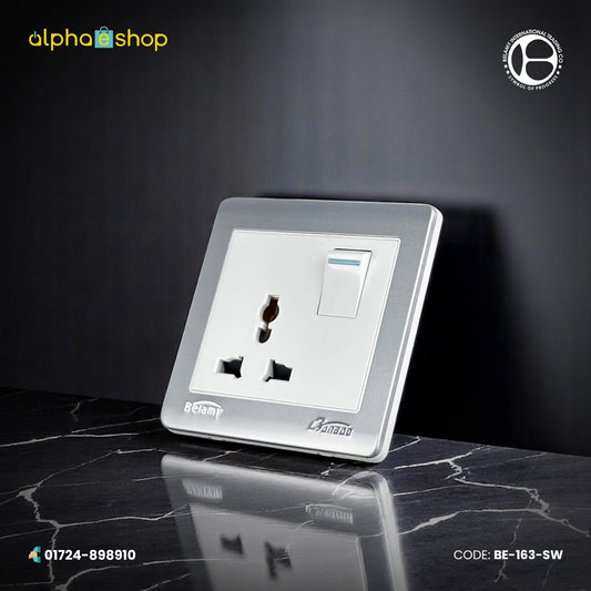 Belamy LK7 LANBAO 3-pin socket with separate rocker switch and grey-white finish, model BE-163-SW.