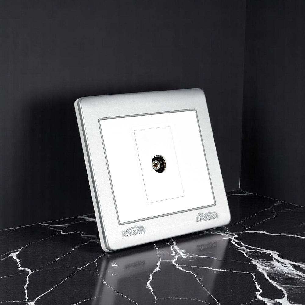 Belamy LK7 LANBAO TV socket with single coaxial connector and grey-white finish, model BE-166-SW.