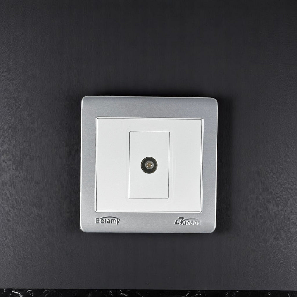 Belamy LK7 LANBAO TV socket with single coaxial connector and grey-white finish, model BE-166-SW.