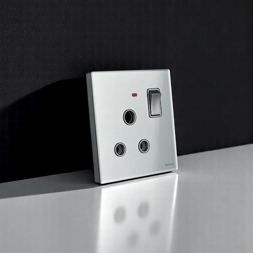 Belamy sky grey 1 gang 3-pin round socket with rocker switch and red indicator, model BE-101-SW.