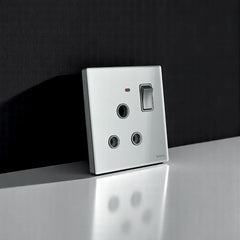 Belamy sky grey 1 gang 3-pin round socket with rocker switch and red indicator, model BE-101-SW.