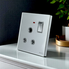 Belamy sky grey 1 gang 3-pin round socket with rocker switch and red indicator, model BE-101-SW.