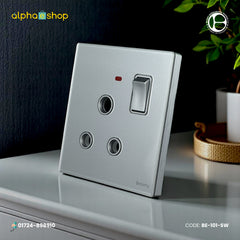 Belamy sky grey 1 gang 3-pin round socket with rocker switch and red indicator, model BE-101-SW.