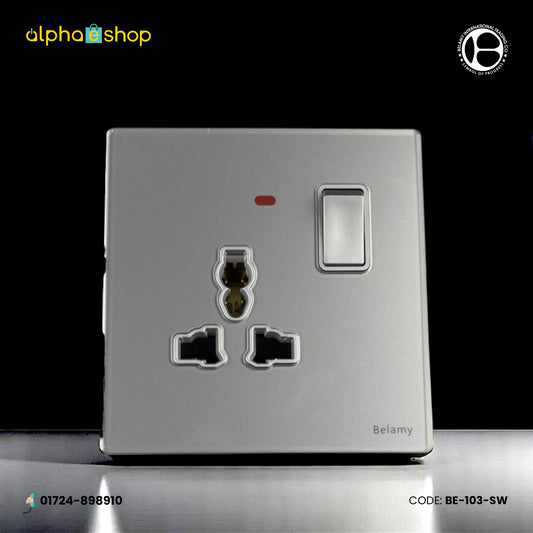 Belamy sky grey 1 gang 3-pin socket with rocker switch and red indicator, model BE-103-SW.