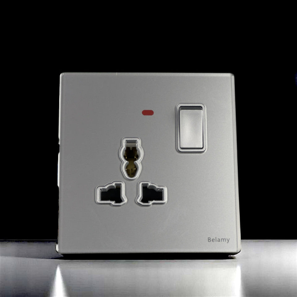 Belamy sky grey 1 gang 3-pin socket with rocker switch and red indicator, model BE-103-SW.