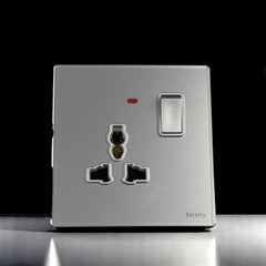 Belamy sky grey 1 gang 3-pin socket with rocker switch and red indicator, model BE-103-SW.