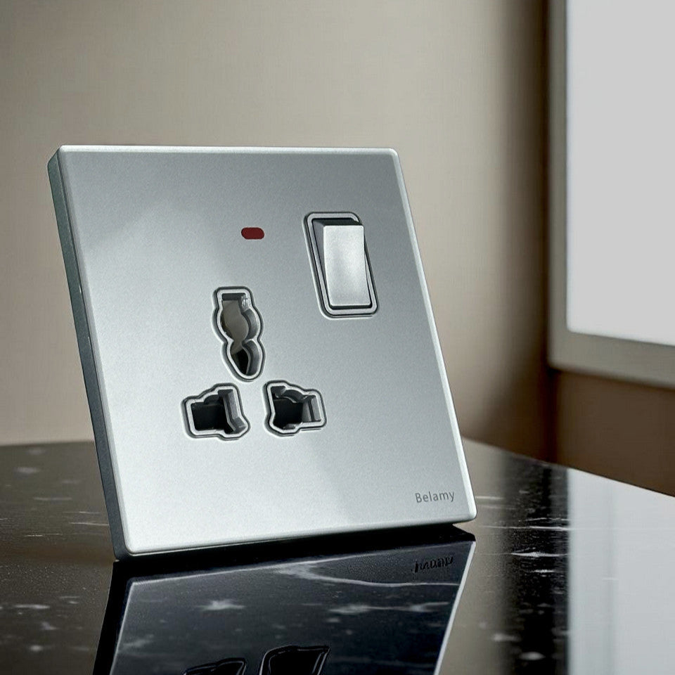 Belamy sky grey 1 gang 3-pin socket with rocker switch and red indicator, model BE-103-SW.