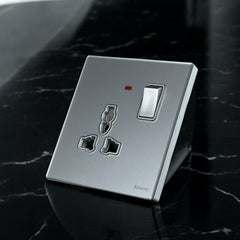 Belamy sky grey 1 gang 3-pin socket with rocker switch and red indicator, model BE-103-SW.