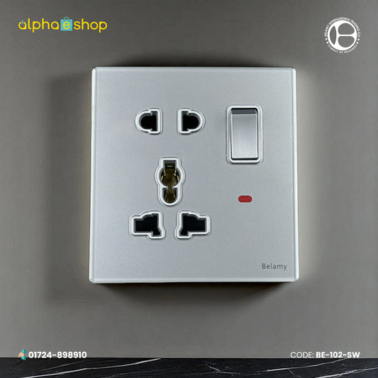 Belamy sky grey 1 gang 5-pin socket with rocker switch and red indicator, model BE-102-SW.