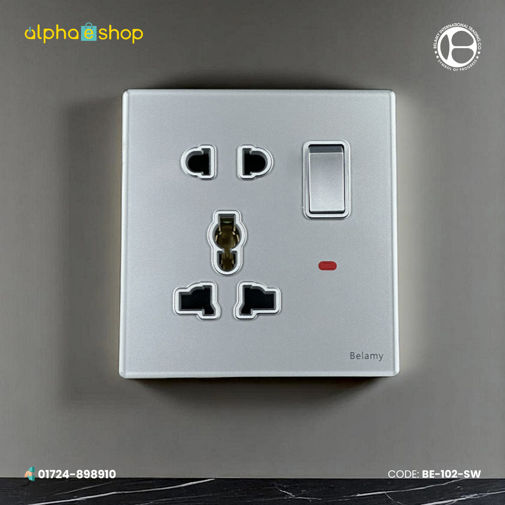 Belamy sky grey 1 gang 5-pin socket with rocker switch and red indicator, model BE-102-SW.