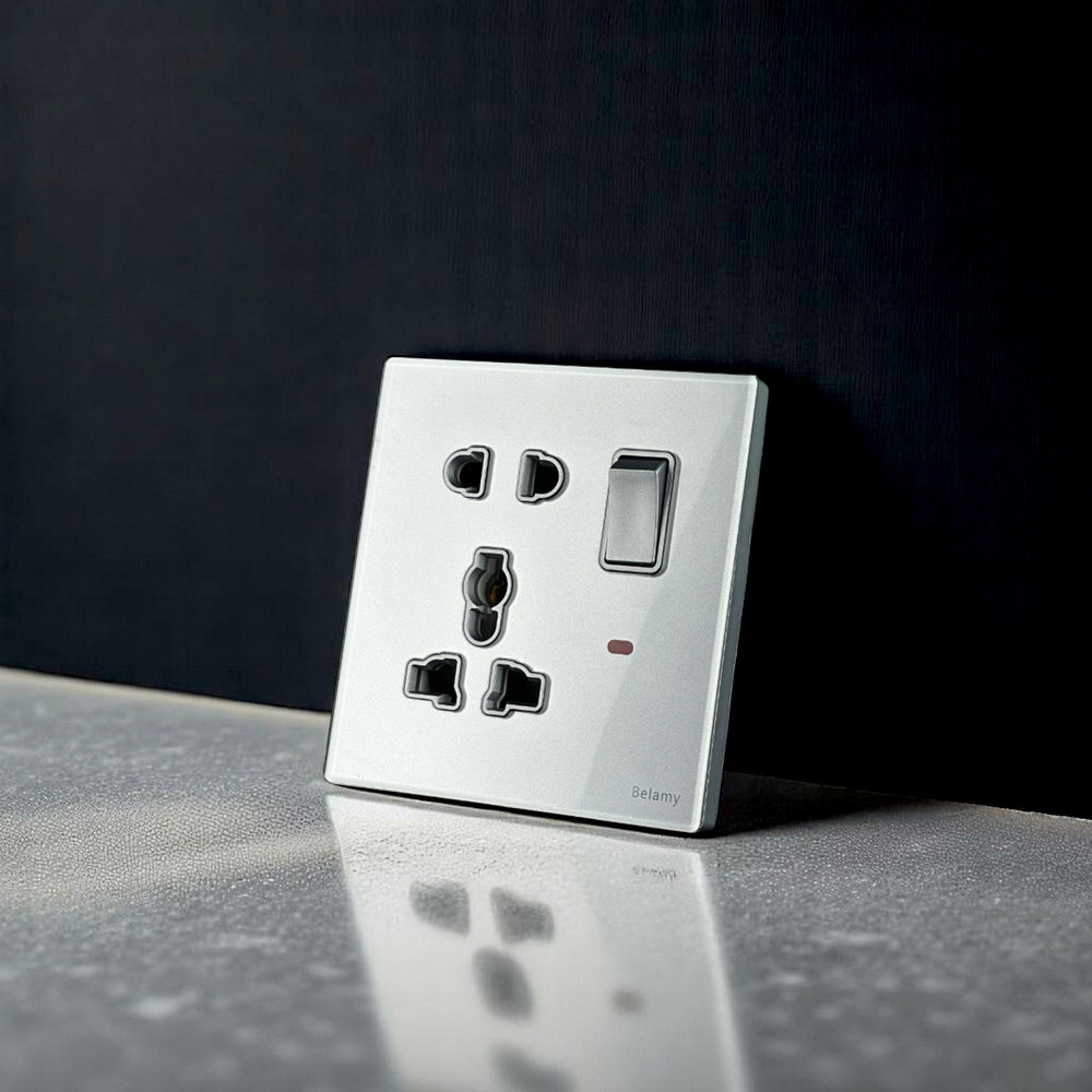 Belamy sky grey 1 gang 5-pin socket with rocker switch and red indicator, model BE-102-SW.