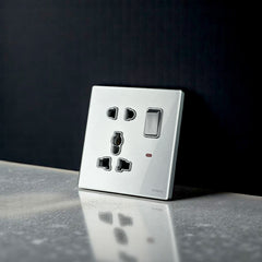 Belamy sky grey 1 gang 5-pin socket with rocker switch and red indicator, model BE-102-SW.