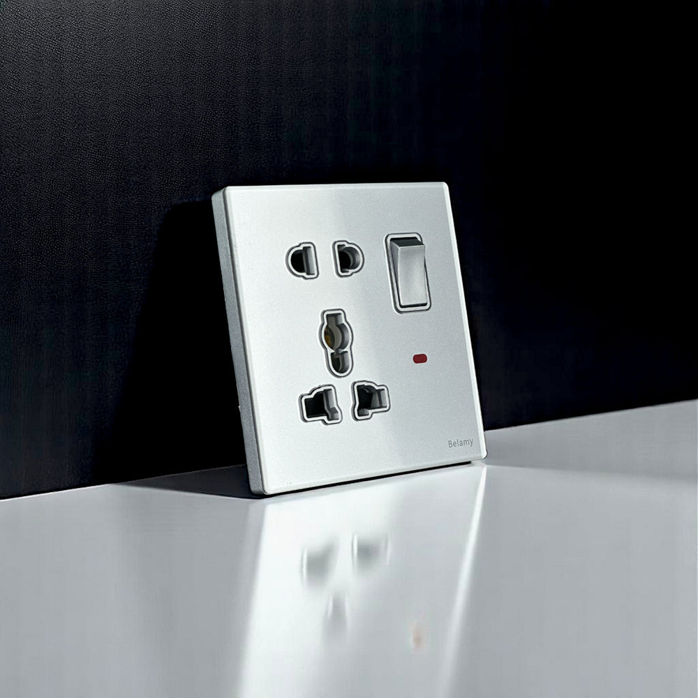Belamy sky grey 1 gang 5-pin socket with rocker switch and red indicator, model BE-102-SW.