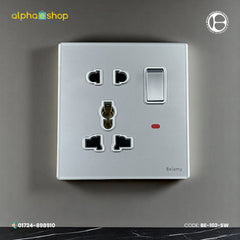 Belamy sky grey 1 gang 5-pin socket with rocker switch and red indicator, model BE-102-SW.