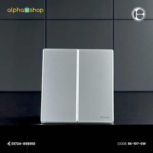 Belamy 2-gang 1-way electrical switch in sky grey. Sleek, minimalist design by Belamy, available at Alphaeshop.