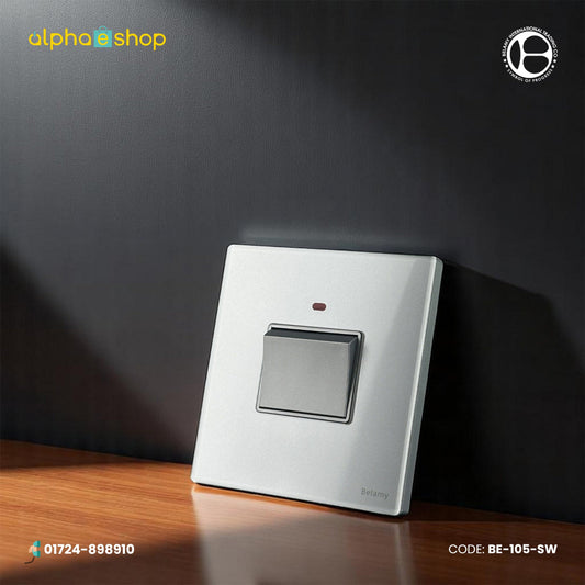Belamy 20A DP switch in sky grey, featuring a sleek design with an indicator light. Premium electrical switch available at Alphaeshop.