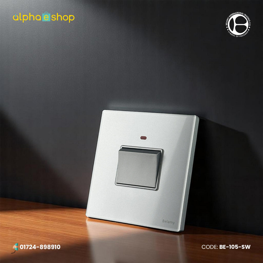 Belamy 20A DP switch in sky grey, featuring a sleek design with an indicator light. Premium electrical switch available at Alphaeshop.