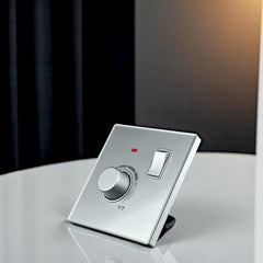 Belamy sky grey fan dimmer with rotary speed control, rocker switch and red indicator, model BE-104-SW.
