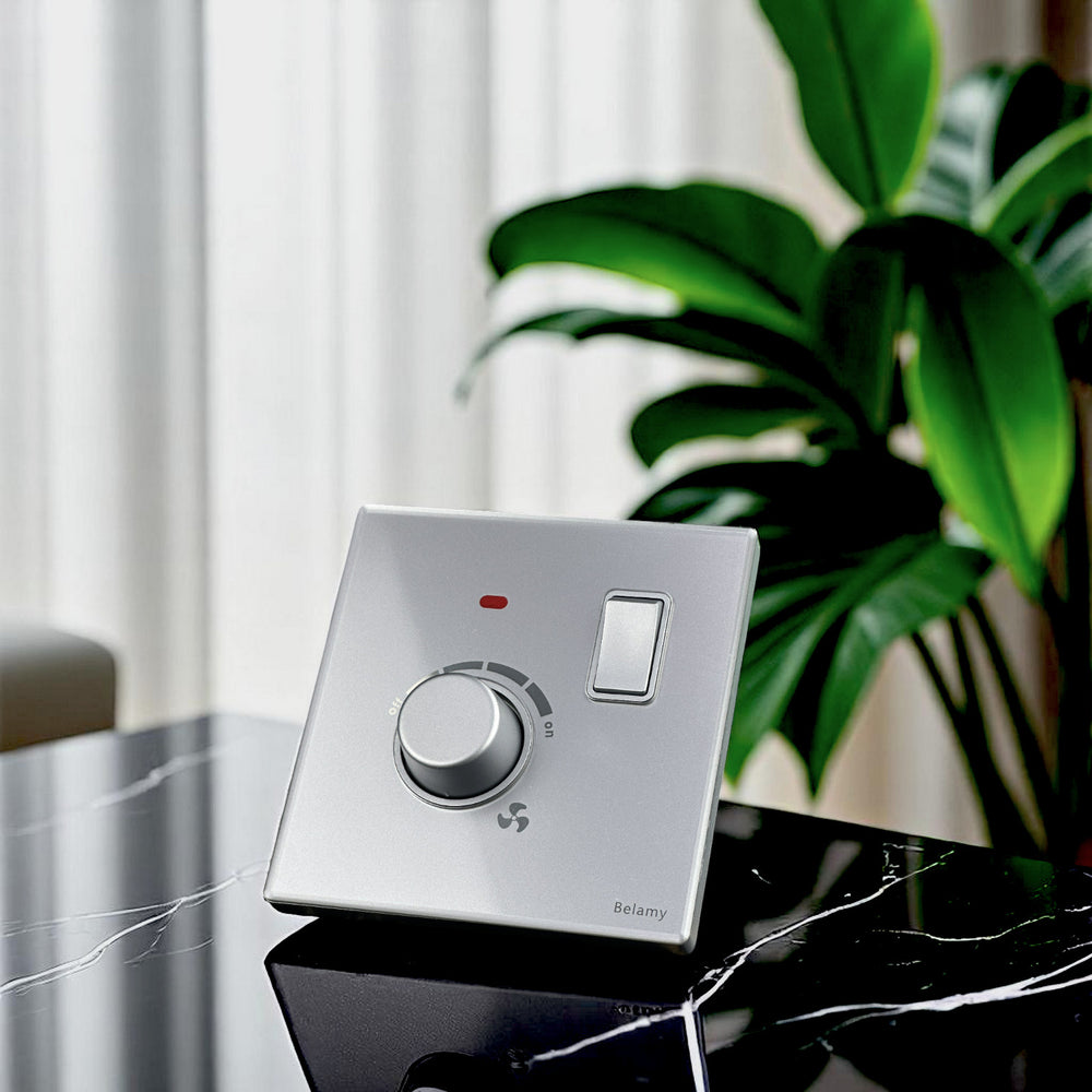 Belamy sky grey fan dimmer with rotary speed control, rocker switch and red indicator, model BE-104-SW.