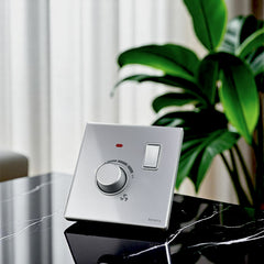 Belamy sky grey fan dimmer with rotary speed control, rocker switch and red indicator, model BE-104-SW.