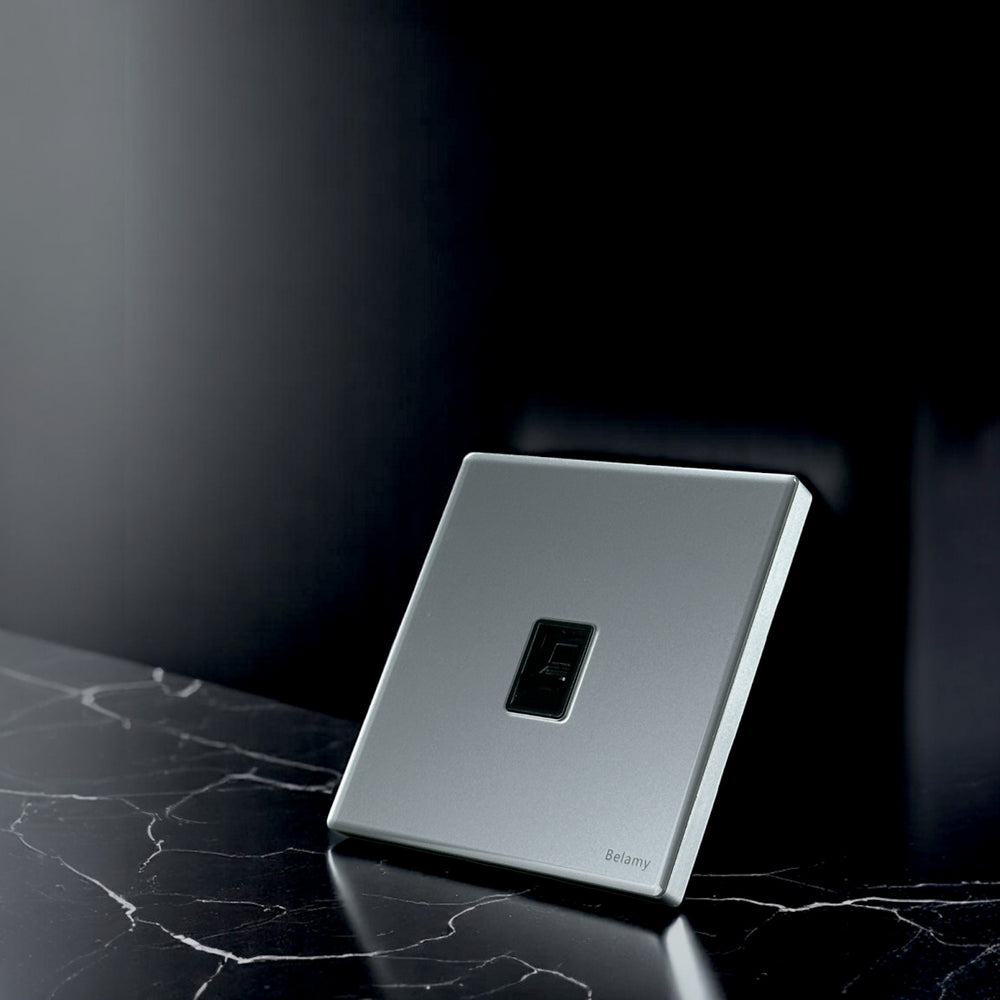 Belamy sky grey internet socket with central network port and minimalist wall plate design, model BE-111-SW.
