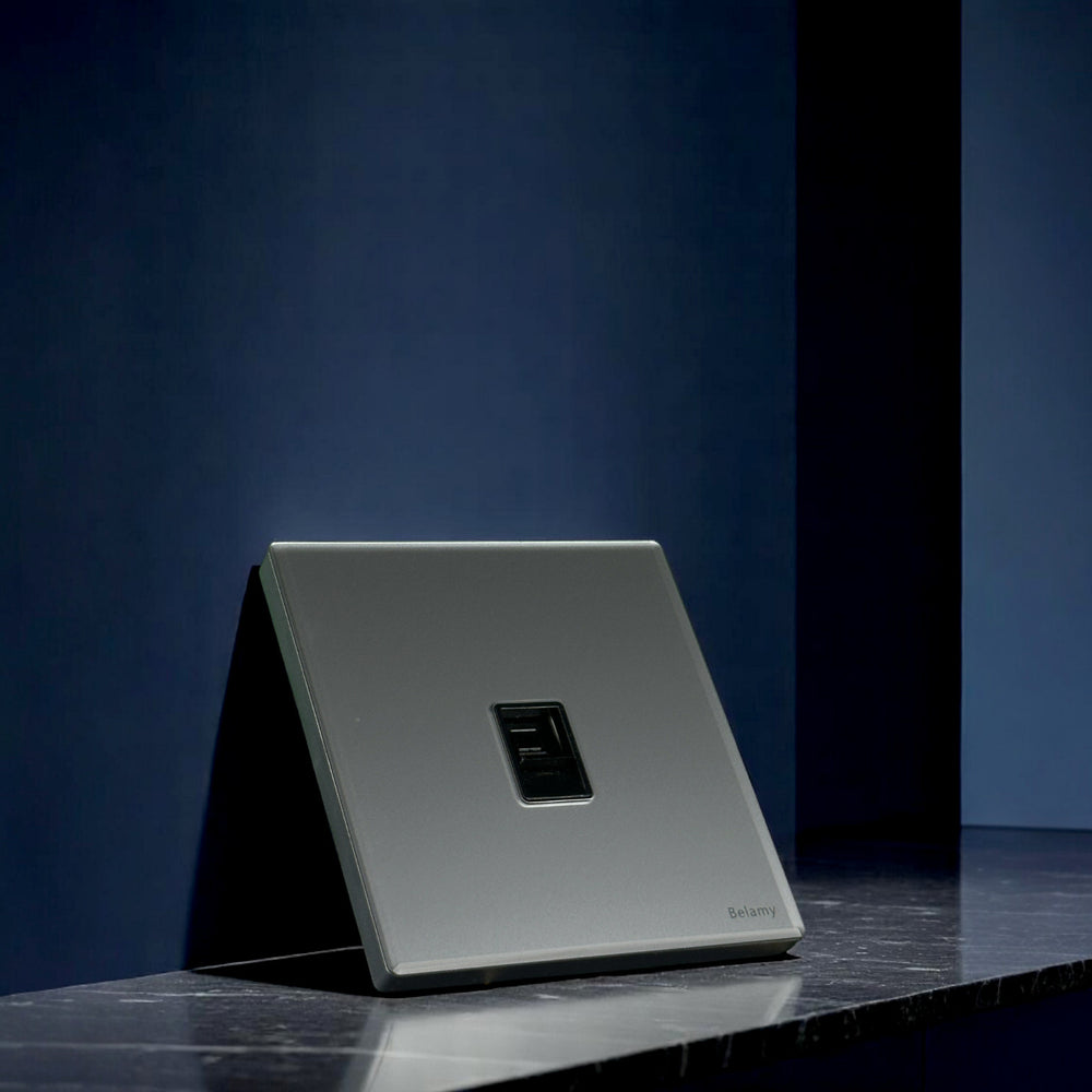 Belamy sky grey internet socket with central network port and minimalist wall plate design, model BE-111-SW.