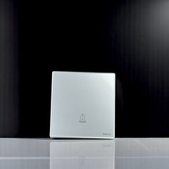 Belamy sky grey push bell switch with bell icon and sleek minimalist wall plate, model BE-112-SW.