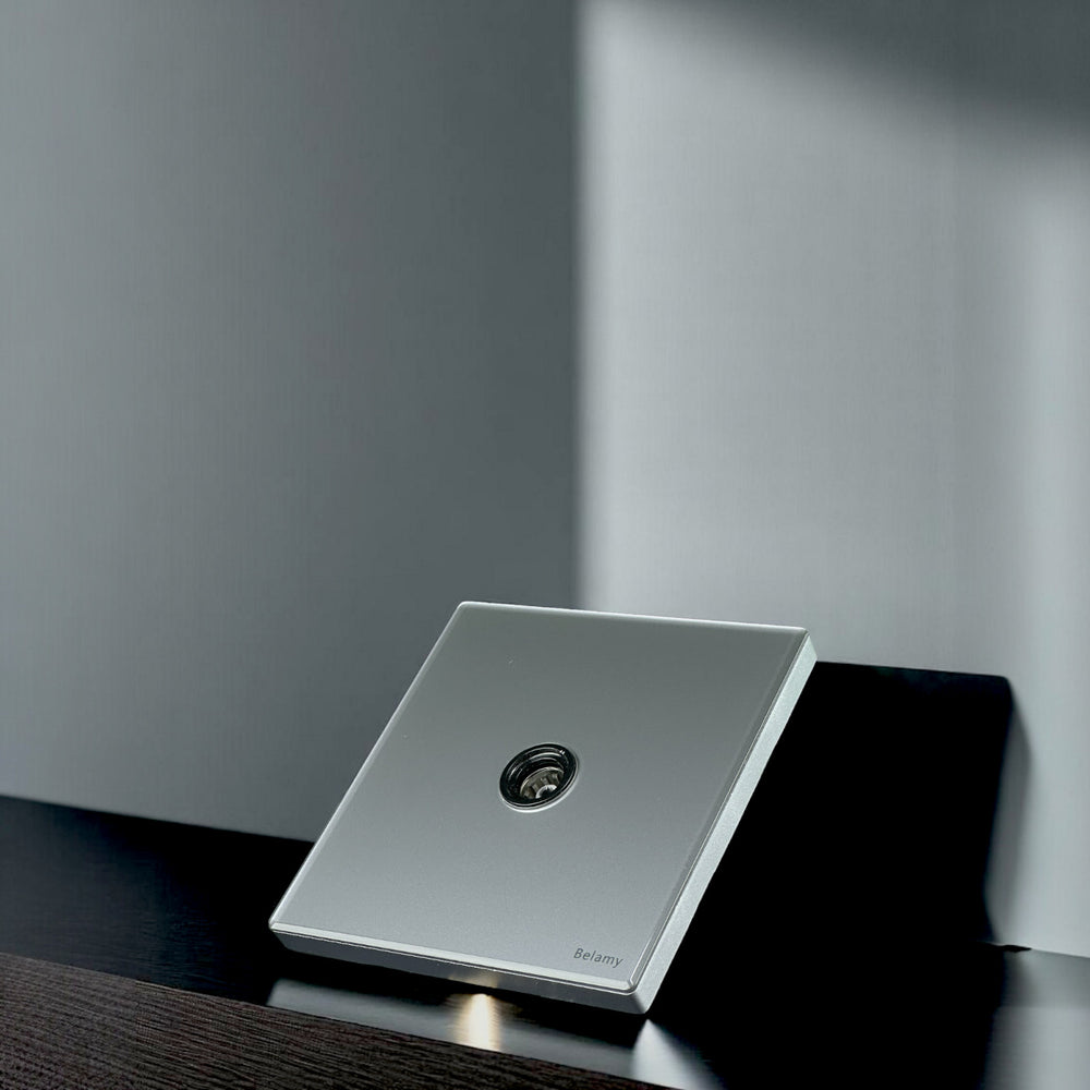 Belamy sky grey TV socket with central coaxial connector and sleek minimalist wall plate, model BE-110-SW.