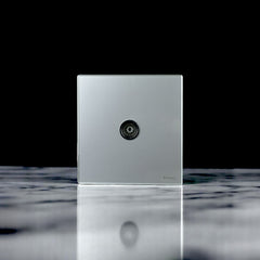 Belamy sky grey TV socket with central coaxial connector and sleek minimalist wall plate, model BE-110-SW.
