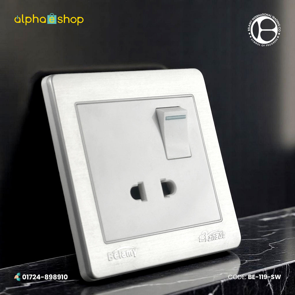 Belamy white-grey 2-pin socket with rocker switch, blue indicator and silver-grey frame, model BE-119-SW.