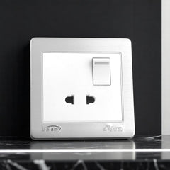 Belamy white-grey 2-pin socket with rocker switch and silver-grey frame, model BE-119-SW.