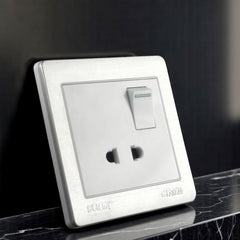 Belamy white-grey 2-pin socket with rocker switch, blue indicator and silver-grey frame, model BE-119-SW.