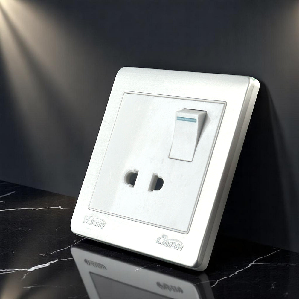 Belamy white-grey 2-pin socket with rocker switch, blue indicator and silver-grey frame, model BE-119-SW.