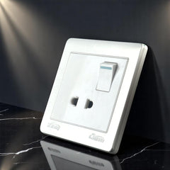 Belamy white-grey 2-pin socket with rocker switch, blue indicator and silver-grey frame, model BE-119-SW.