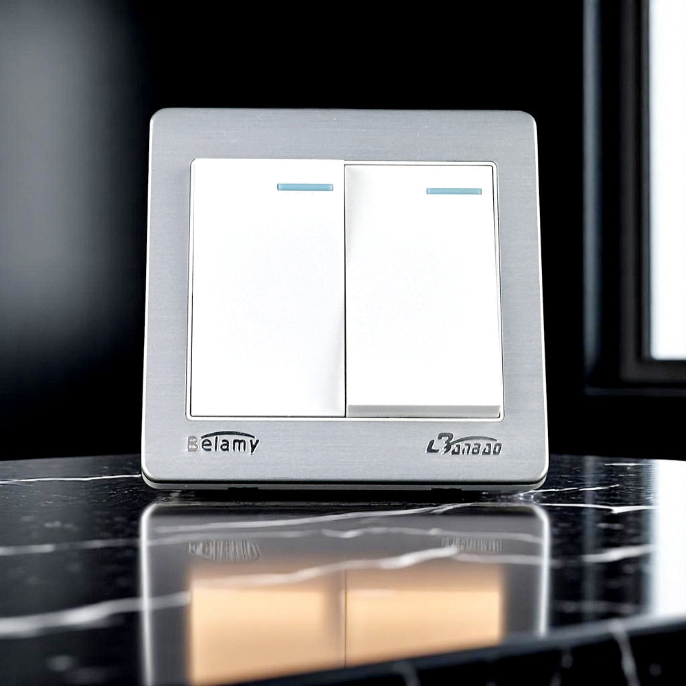 Belamy white-grey 2 gang 1 way wall switch with dual rocker switches and silver-grey frame, model BE-128-SW.