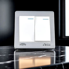 Belamy white-grey 2 gang 1 way wall switch with dual rocker switches and silver-grey frame, model BE-128-SW.