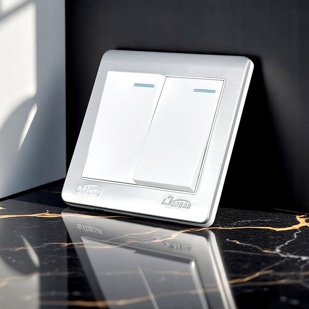 Belamy white-grey 2 gang 1 way wall switch with dual rocker switches and silver-grey frame, model BE-128-SW.