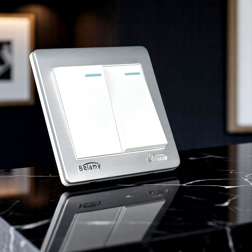 Belamy white-grey 2 gang 1 way wall switch with dual rocker switches and silver-grey frame, model BE-128-SW.