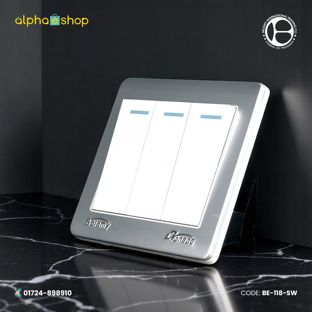 Belamy white-grey 3 gang 1 way wall switch with three rocker switches, blue indicators and silver-grey frame, model BE-118-SW.