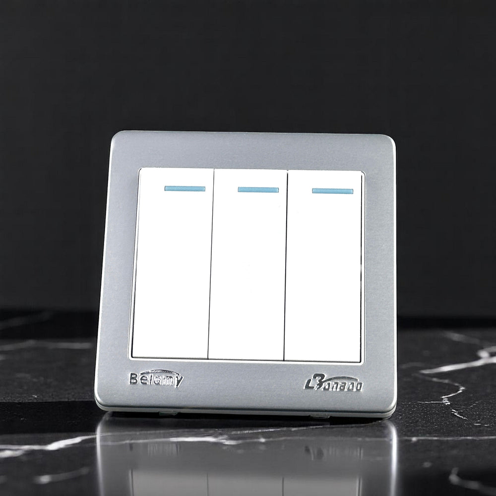 Belamy white-grey 3 gang 1 way wall switch with three rocker switches, blue indicators and silver-grey frame, model BE-118-SW.