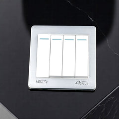 Belamy white-grey 4 gang 1 way wall switch with four rocker switches and silver-grey frame, model BE-129-SW.