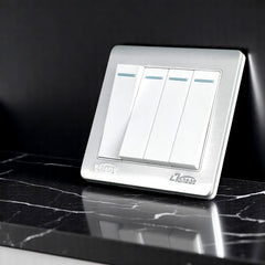 Belamy white-grey 4 gang 1 way wall switch with four rocker switches and silver-grey frame, model BE-129-SW.
