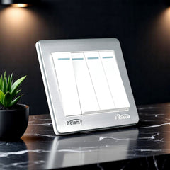 Belamy white-grey 4 gang 1 way wall switch with four rocker switches and silver-grey frame, model BE-129-SW.