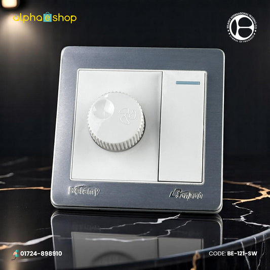 Belamy fan dimmer switch with integrated toggle in white and grey. Features a rotary control dial. Premium electrical accessory at Alphaeshop.