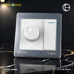 Belamy fan dimmer switch with integrated toggle in white and grey. Features a rotary control dial. Premium electrical accessory at Alphaeshop.