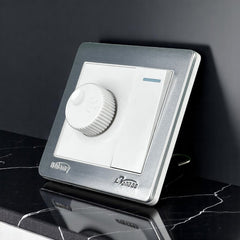 Belamy white-grey fan dimmer with rotary speed control, rocker switch and silver-grey frame, model BE-121-SW.