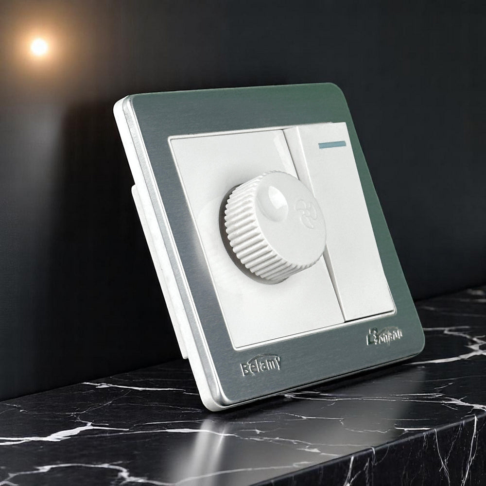 Belamy white-grey fan dimmer with rotary speed control, rocker switch and silver-grey frame, model BE-121-SW.