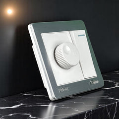 Belamy white-grey fan dimmer with rotary speed control, rocker switch and silver-grey frame, model BE-121-SW.