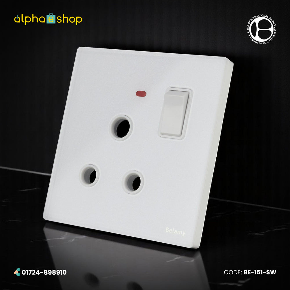 Belamy white 1 gang 3-pin round socket with rocker switch and red indicator light, model BE-151-SW.