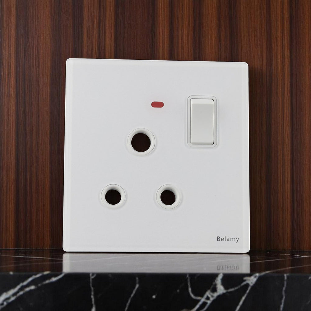 Belamy white 1 gang 3-pin round socket with rocker switch and red indicator light, model BE-151-SW.